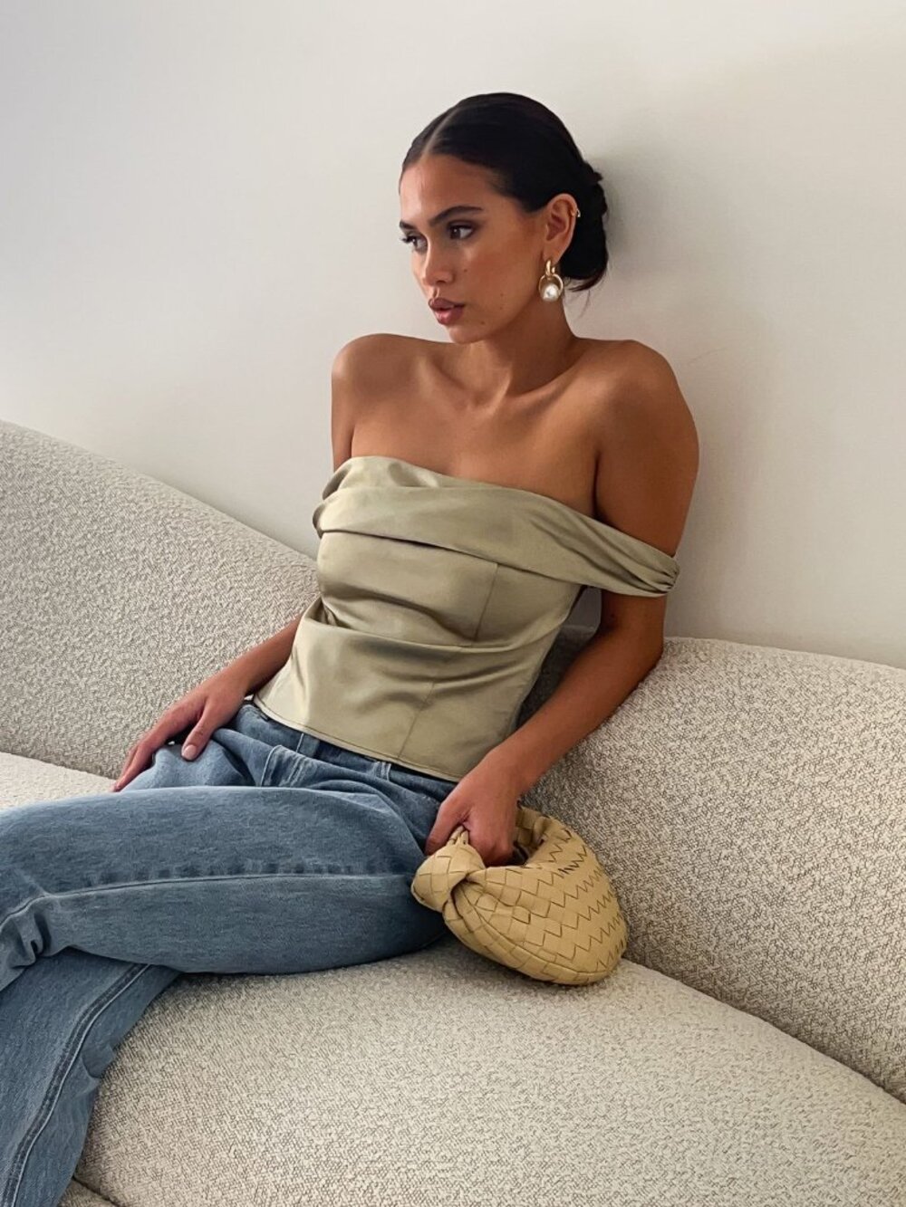 Meshki Olive Green Off-Shoulder Satin Camisole